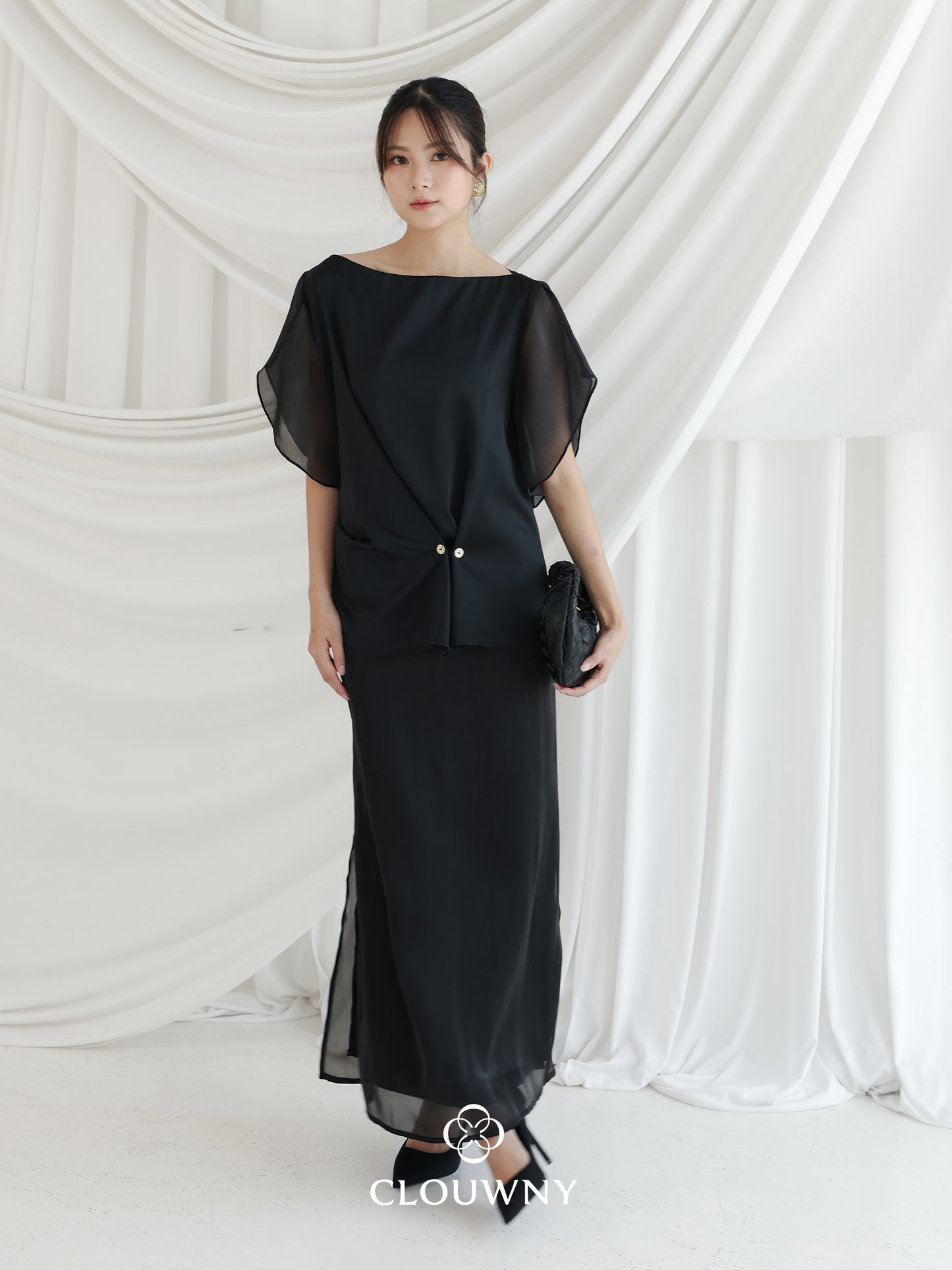 Selena Button Satin Set - Black