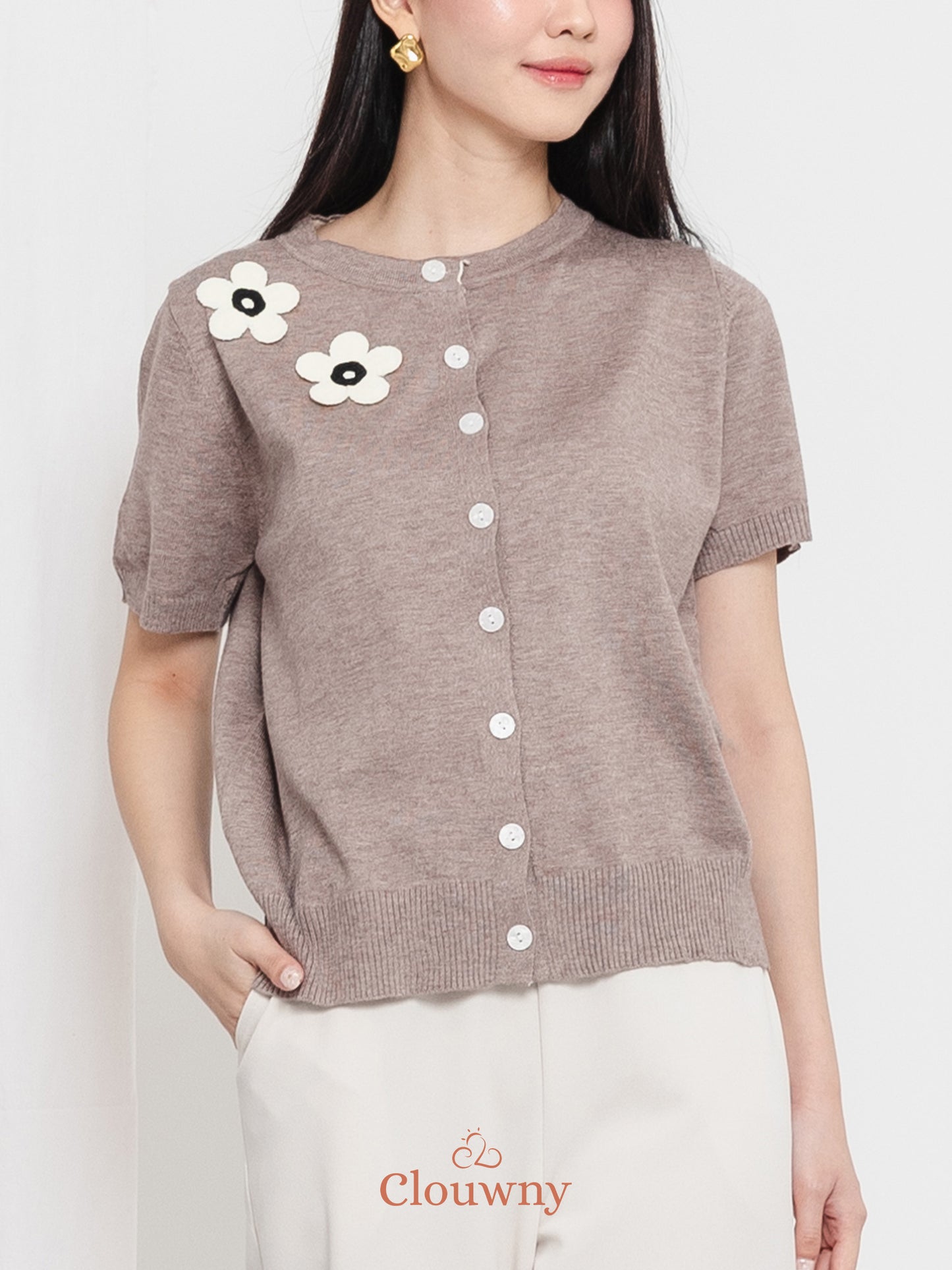 Alen Flower Knit Top - Beige