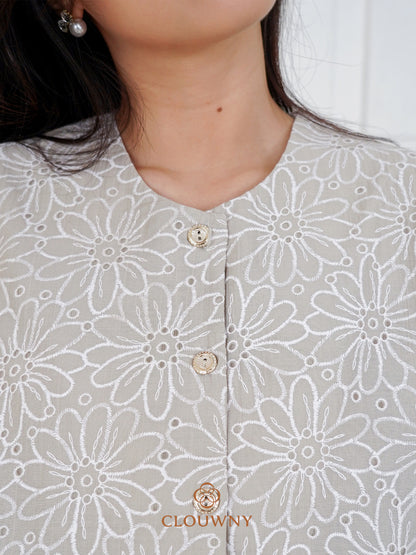 Forest Button Embroidery Blouse - Sage Green