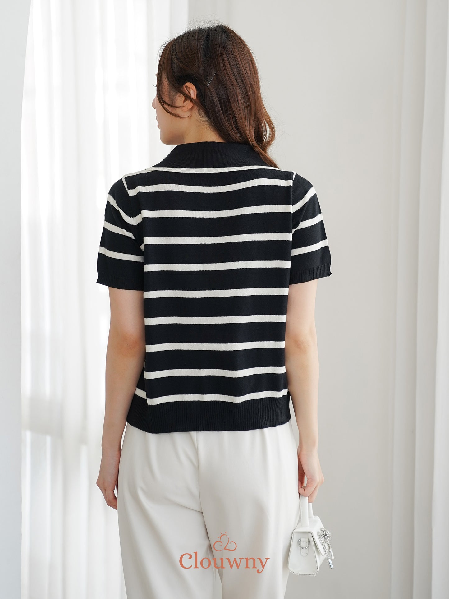 Prisca Collar Knit Top - Black-White Stripes