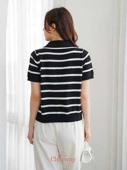 Prisca Collar Knit Top - Black-White Stripes