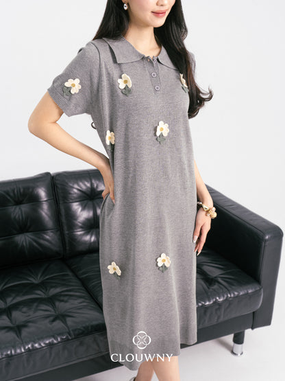 Anetha Flower Knit Dress - Grey