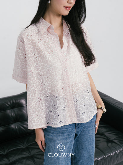 Kornelia Flower Embroidery Shirt - Pink