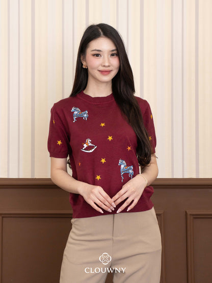Star Horse Knit Top - Maroon