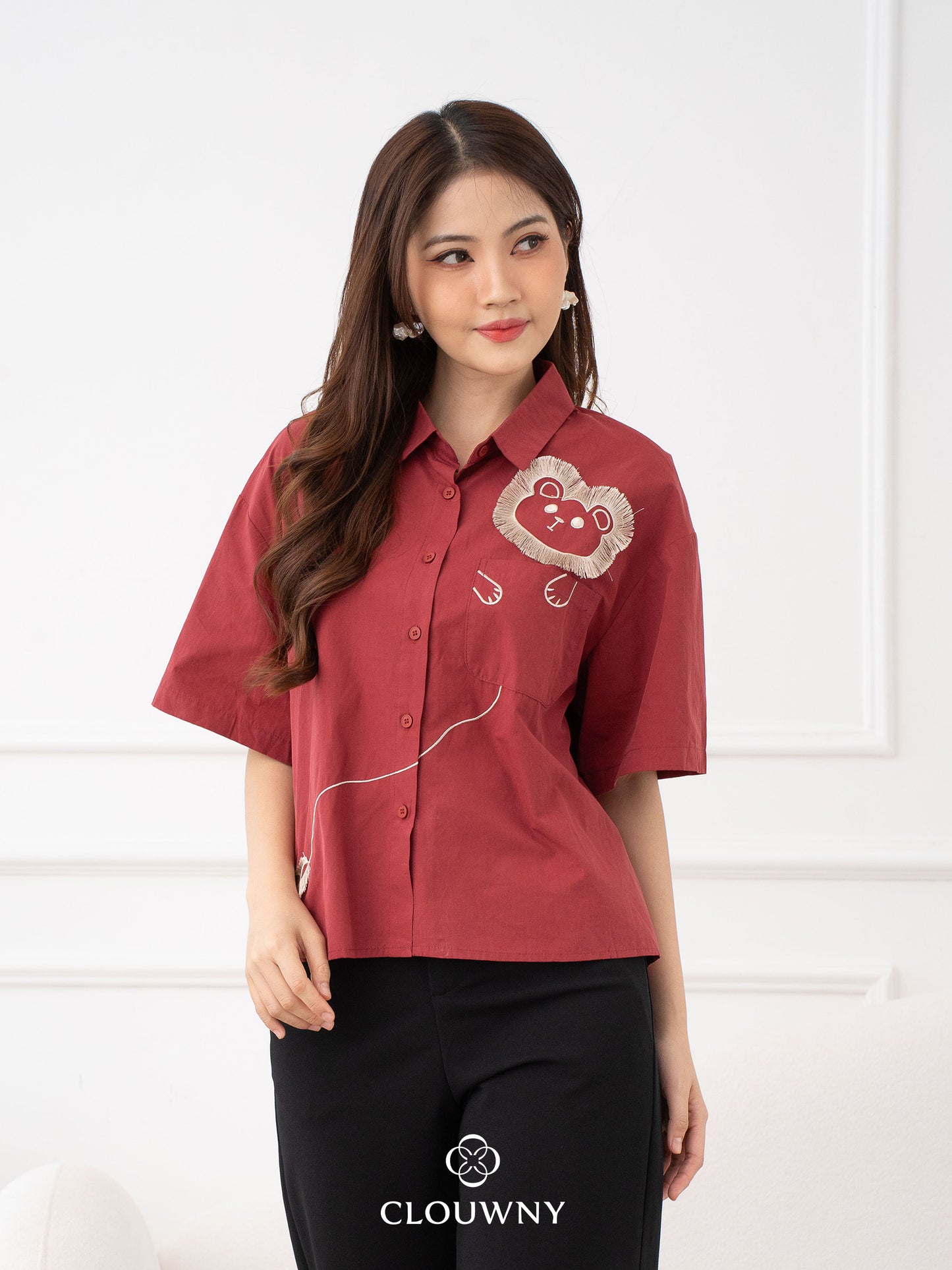 Lion Embroidery Shirt - Maroon