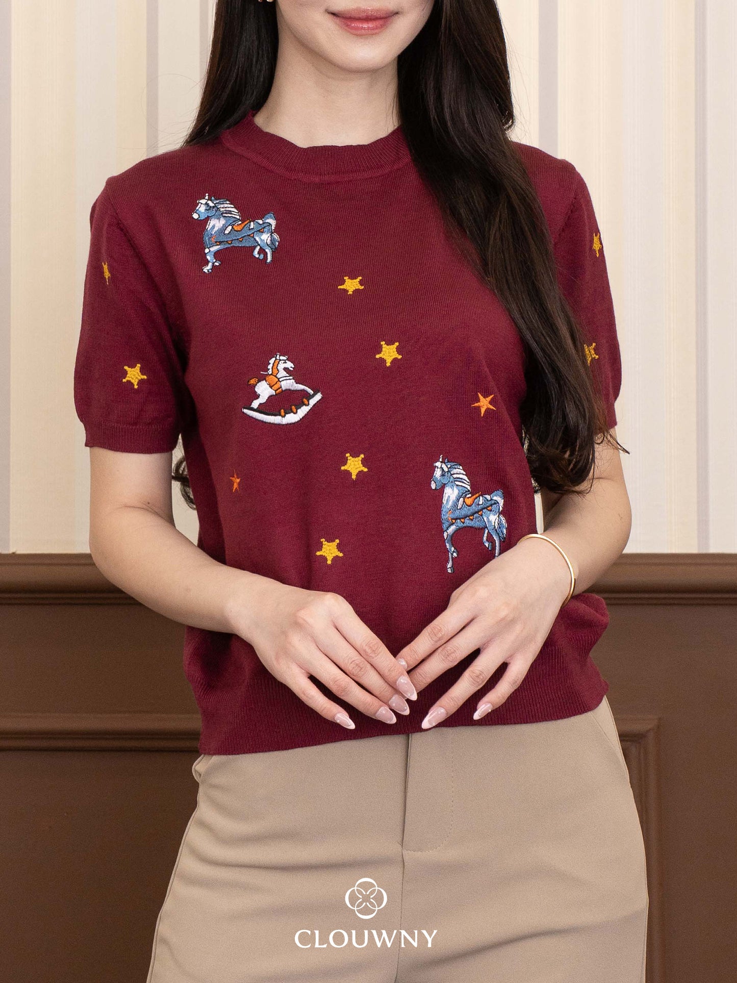 Star Horse Knit Top - Maroon