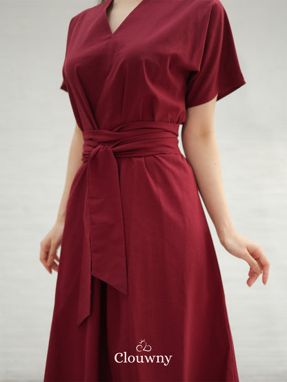 Cava Obi Kimono V-Dress - Maroon