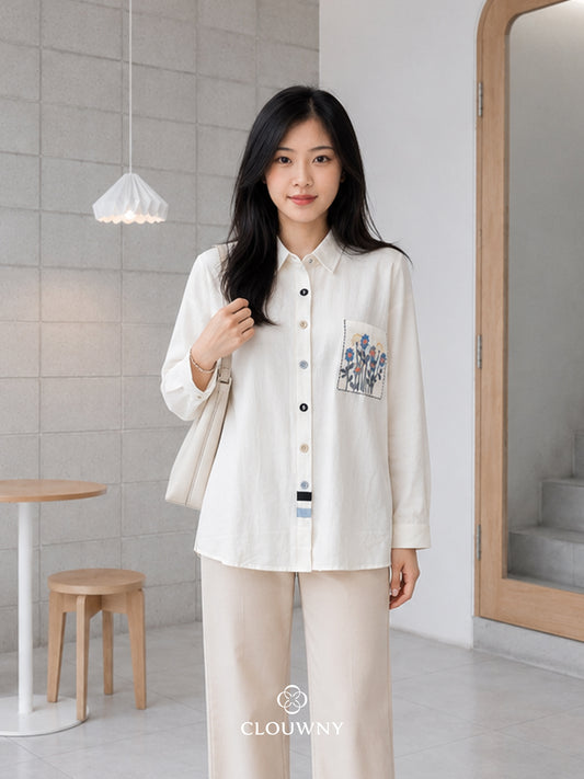 Andres Pocket Cotton Longsleeve Shirt - White