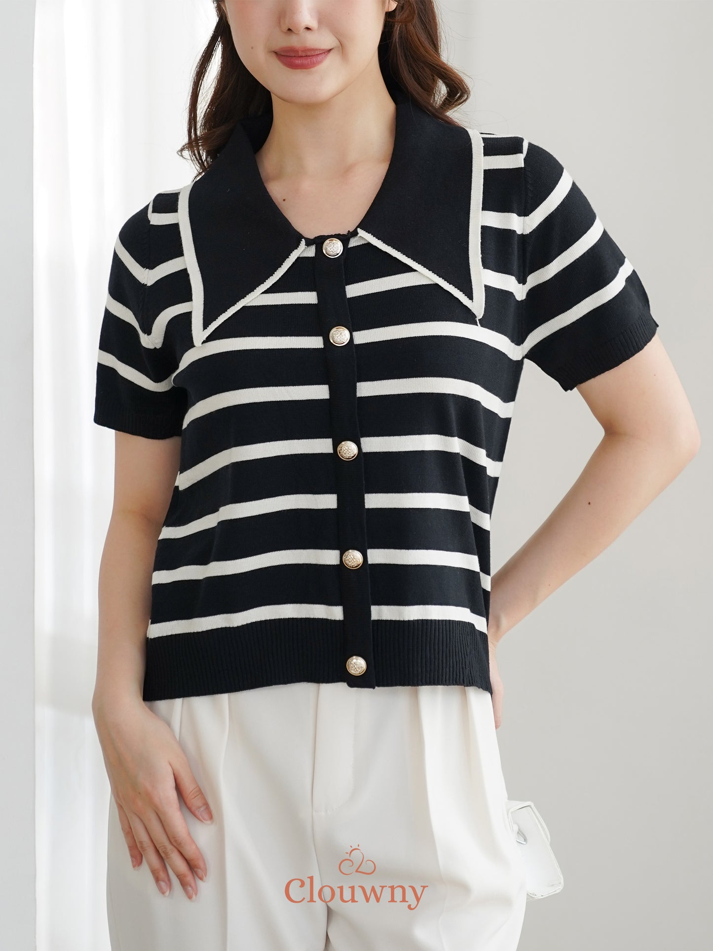 Prisca Collar Knit Top - Black-White Stripes