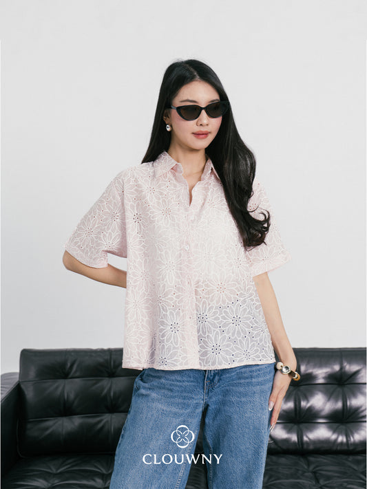 Kornelia Flower Embroidery Shirt - Pink