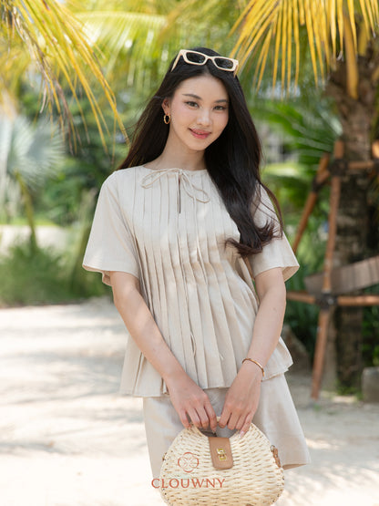 Mandes Ribbon Pleated Blouse - Khaki