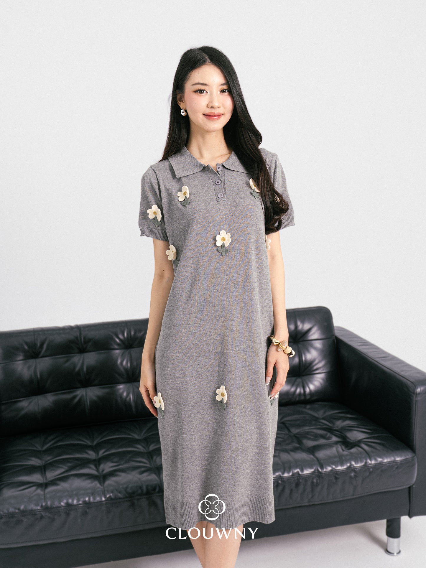 Anetha Flower Knit Dress - Grey