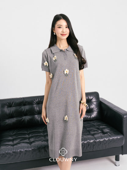 Anetha Flower Knit Dress - Grey