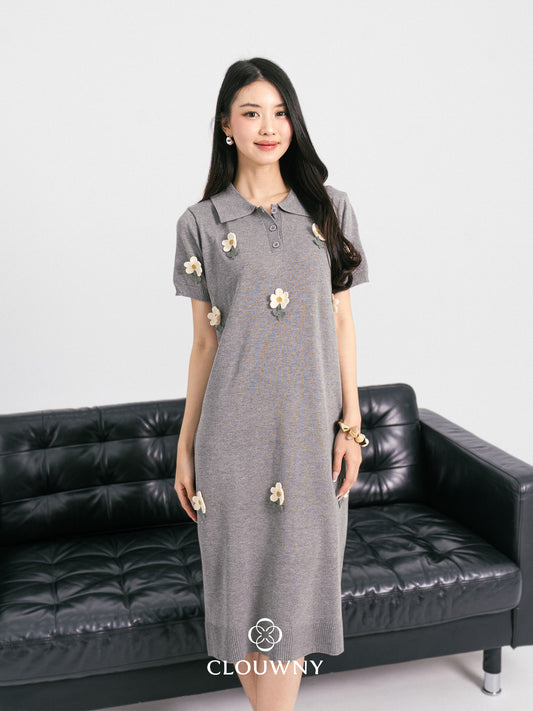 Anetha Flower Knit Dress - Grey