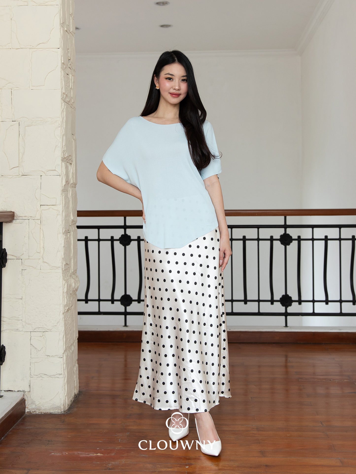Polka Silk Flare Skirt - White