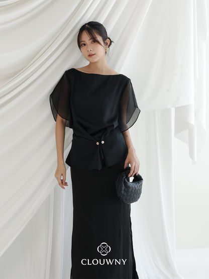 Selena Button Satin Set - Black