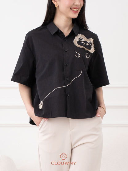 Lion Embroidery Shirt - Black