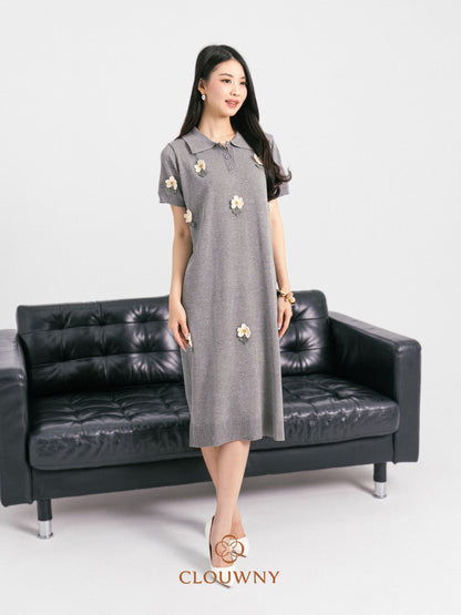 Anetha Flower Knit Dress - Grey