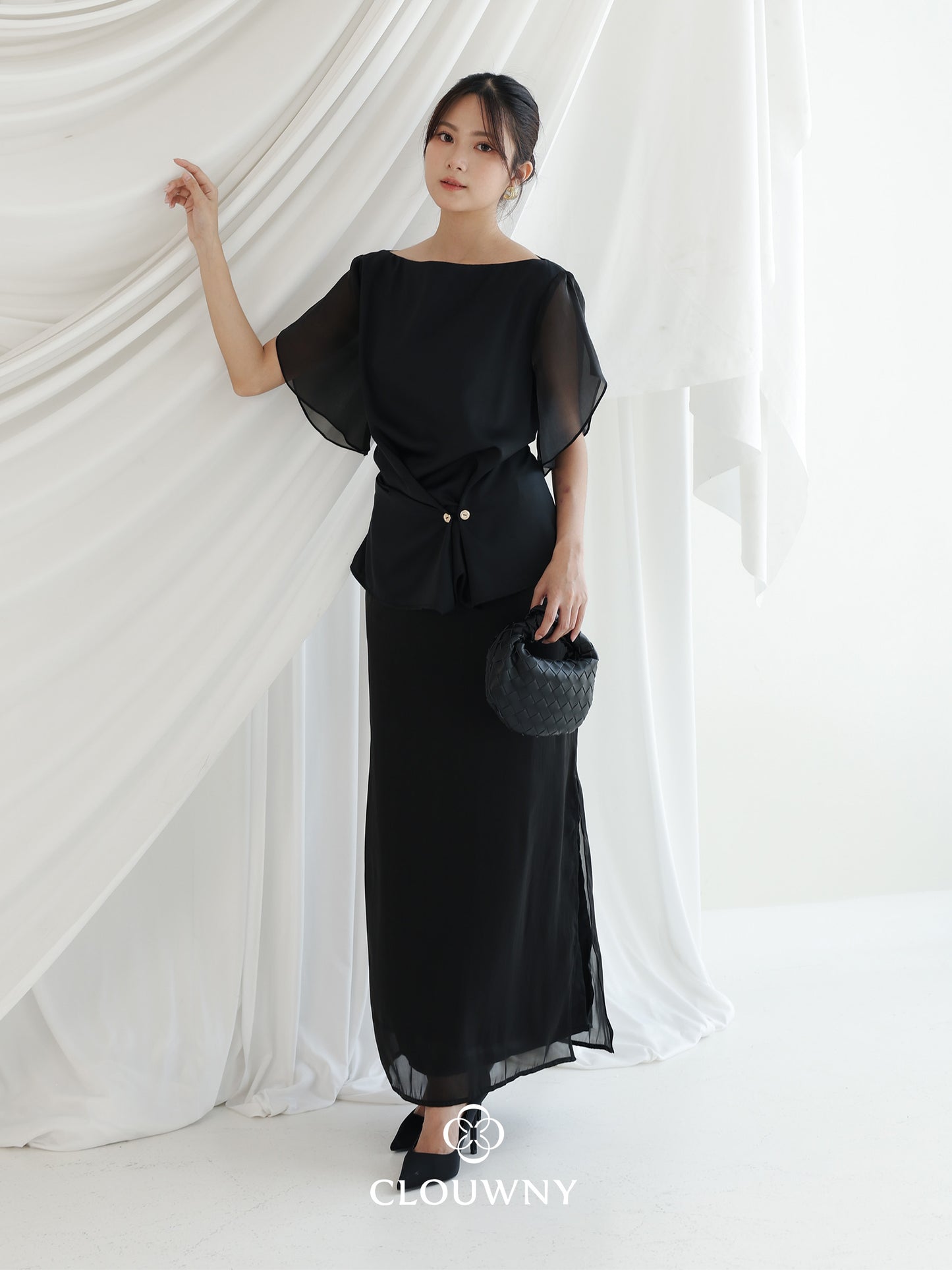 Selena Button Satin Set - Black
