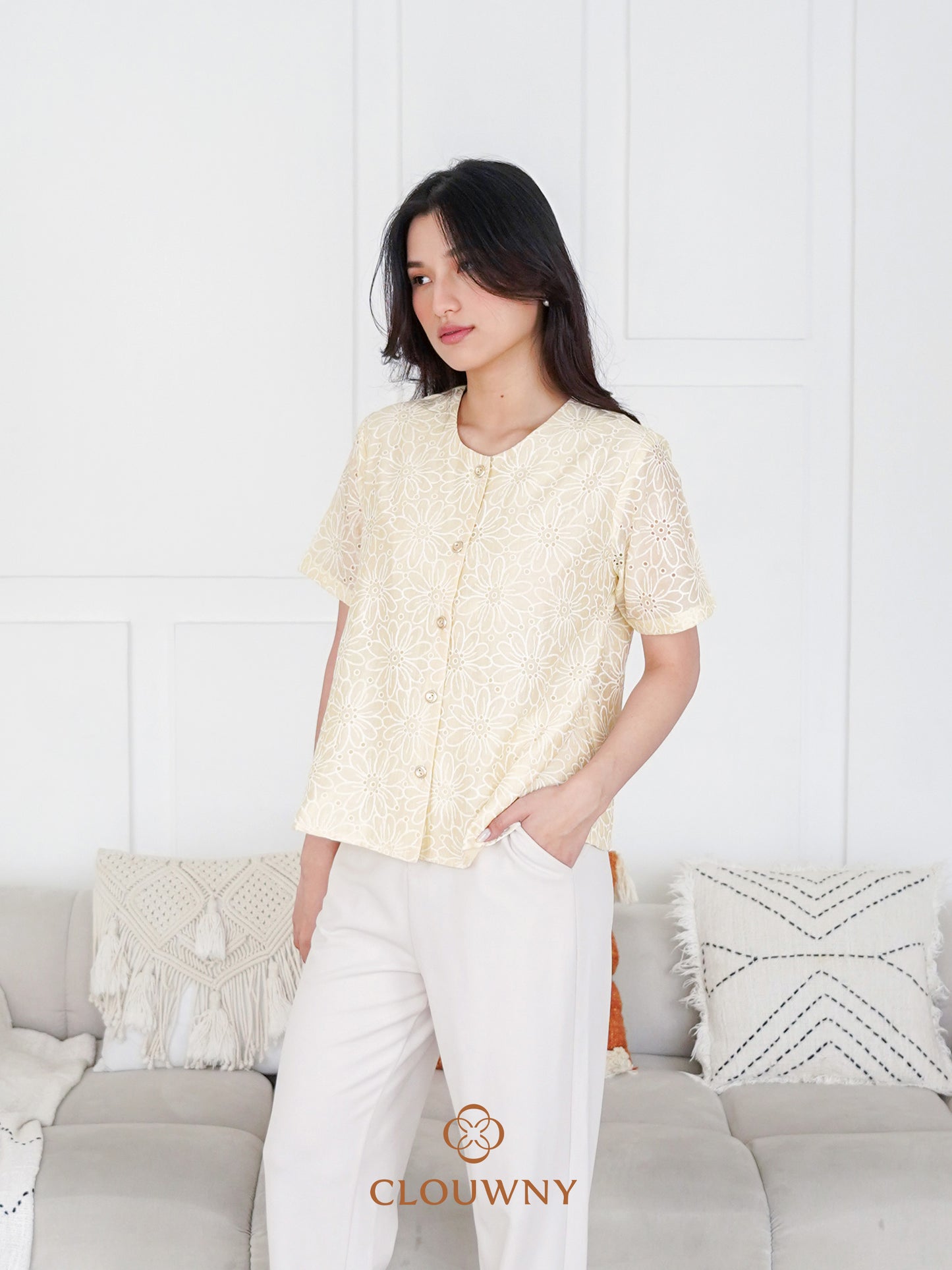 Forest Button Embroidery Blouse - Yellow