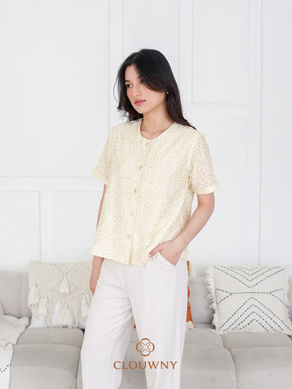 Forest Button Embroidery Blouse - Yellow
