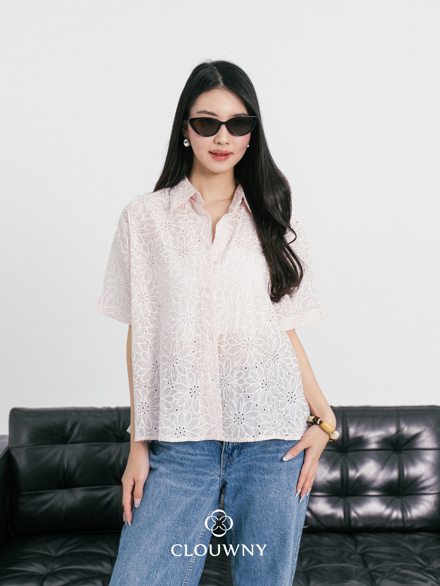 Kornelia Flower Embroidery Shirt - Pink