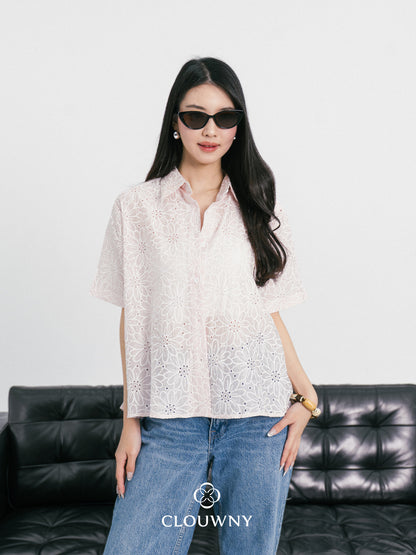 Kornelia Flower Embroidery Shirt - Pink
