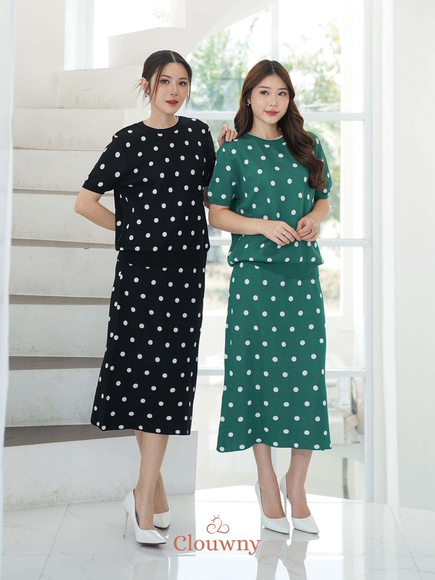 Moir Dot Knit Set - Green