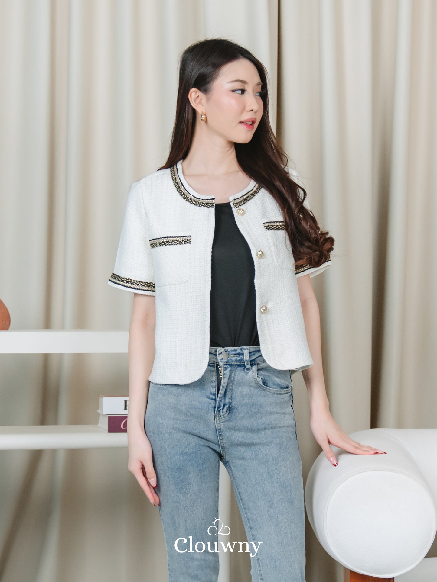 Fumi Pocket Tweed Top - Broken White