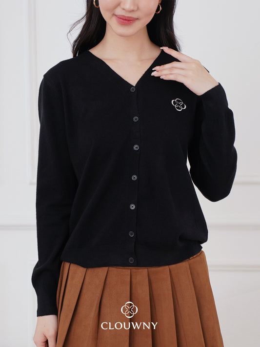 Mela Vneck Button Knit Cardigan - Black