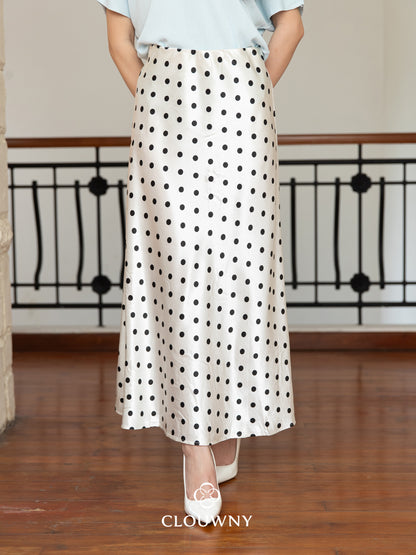 Polka Silk Flare Skirt - White