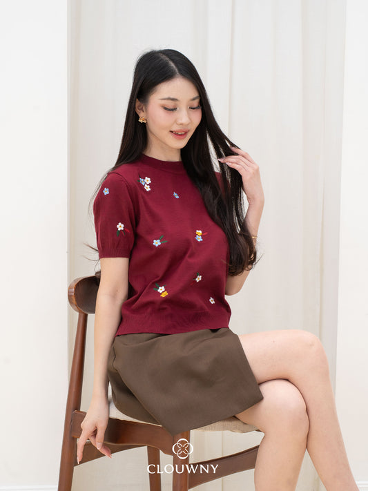 Minel Flower Knit Top - Maroon