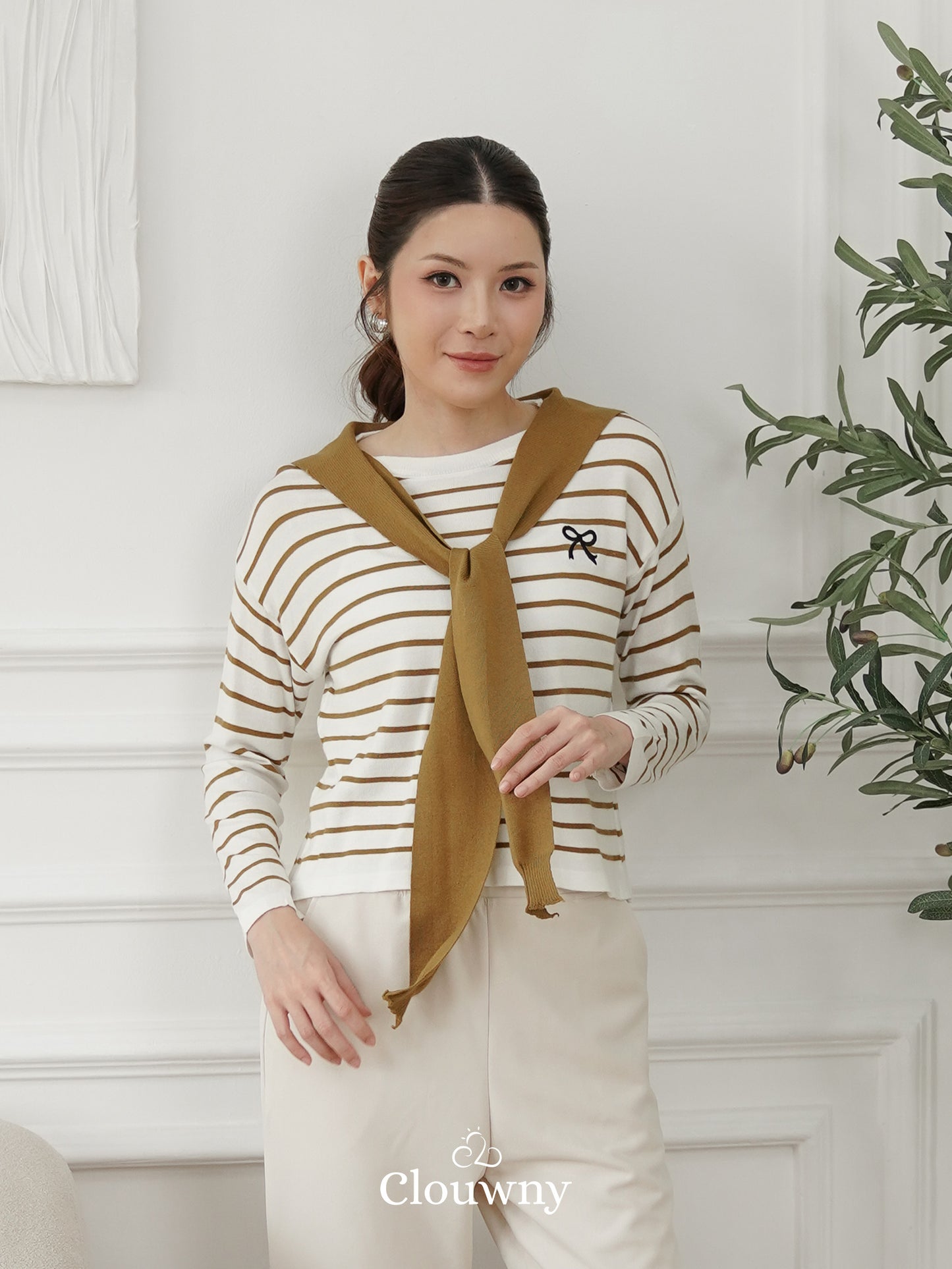 Genevi Scarf Stripes Top - Olive