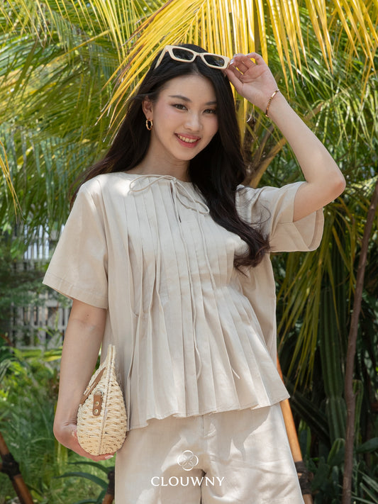 Mandes Ribbon Pleated Blouse - Khaki