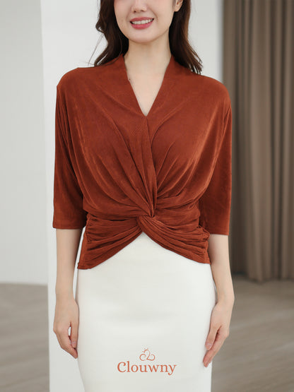 Alfreda Vneck Knit Top - Brick