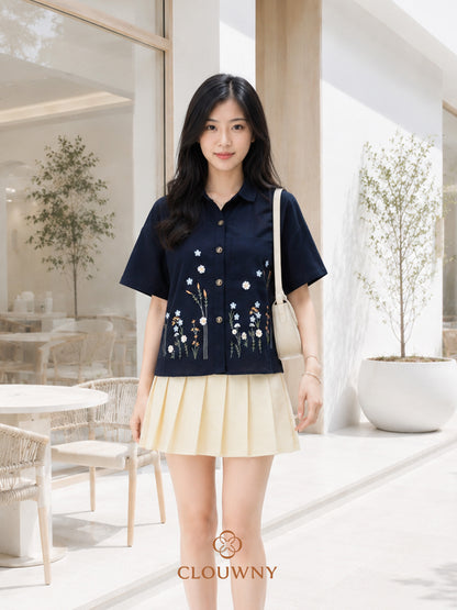 Chills Flower Cotton Shirt - Navy