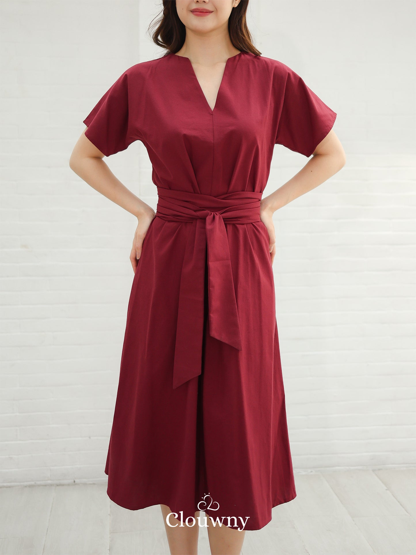 Cava Obi Kimono V-Dress - Maroon