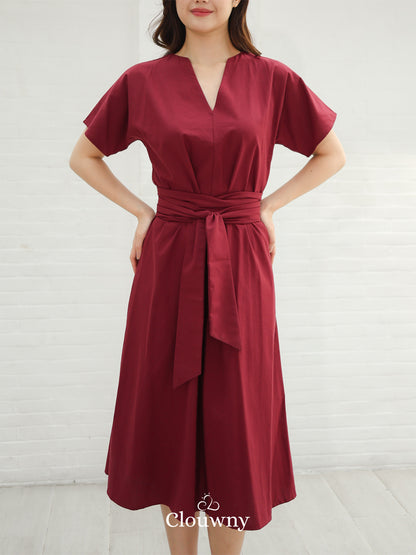 Cava Obi Kimono V-Dress - Maroon