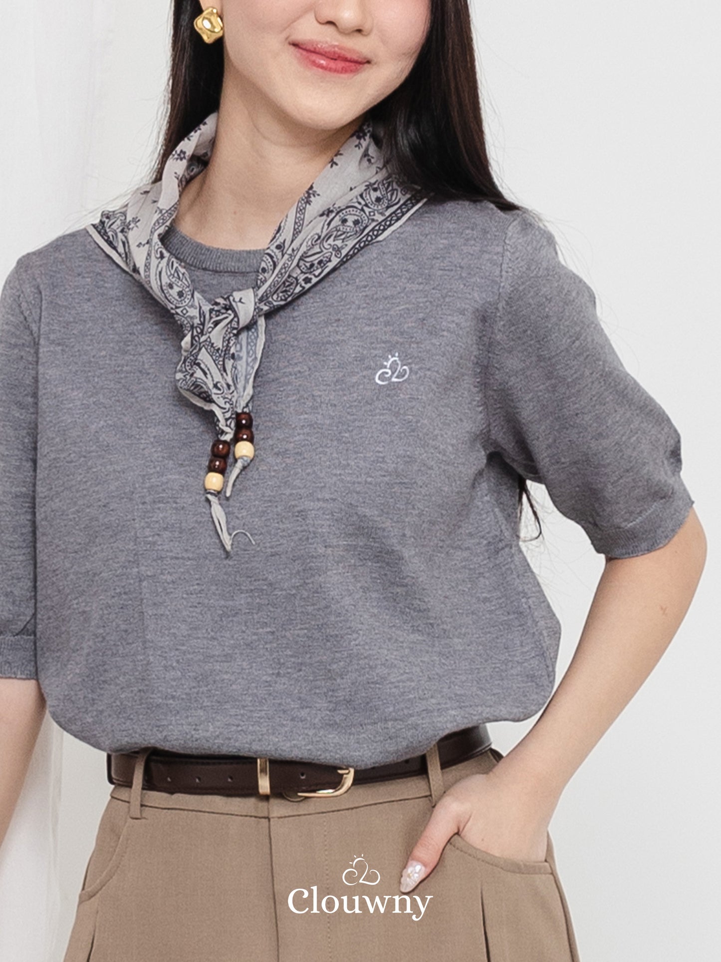 Libra Scarf Knit Top - Grey