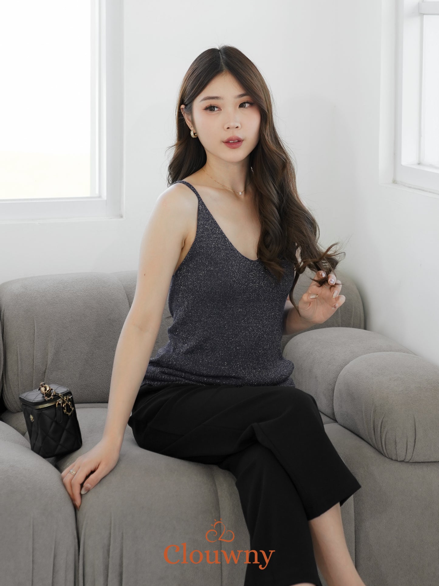 Dela Spaghetti Glitter Tanktop - Navy