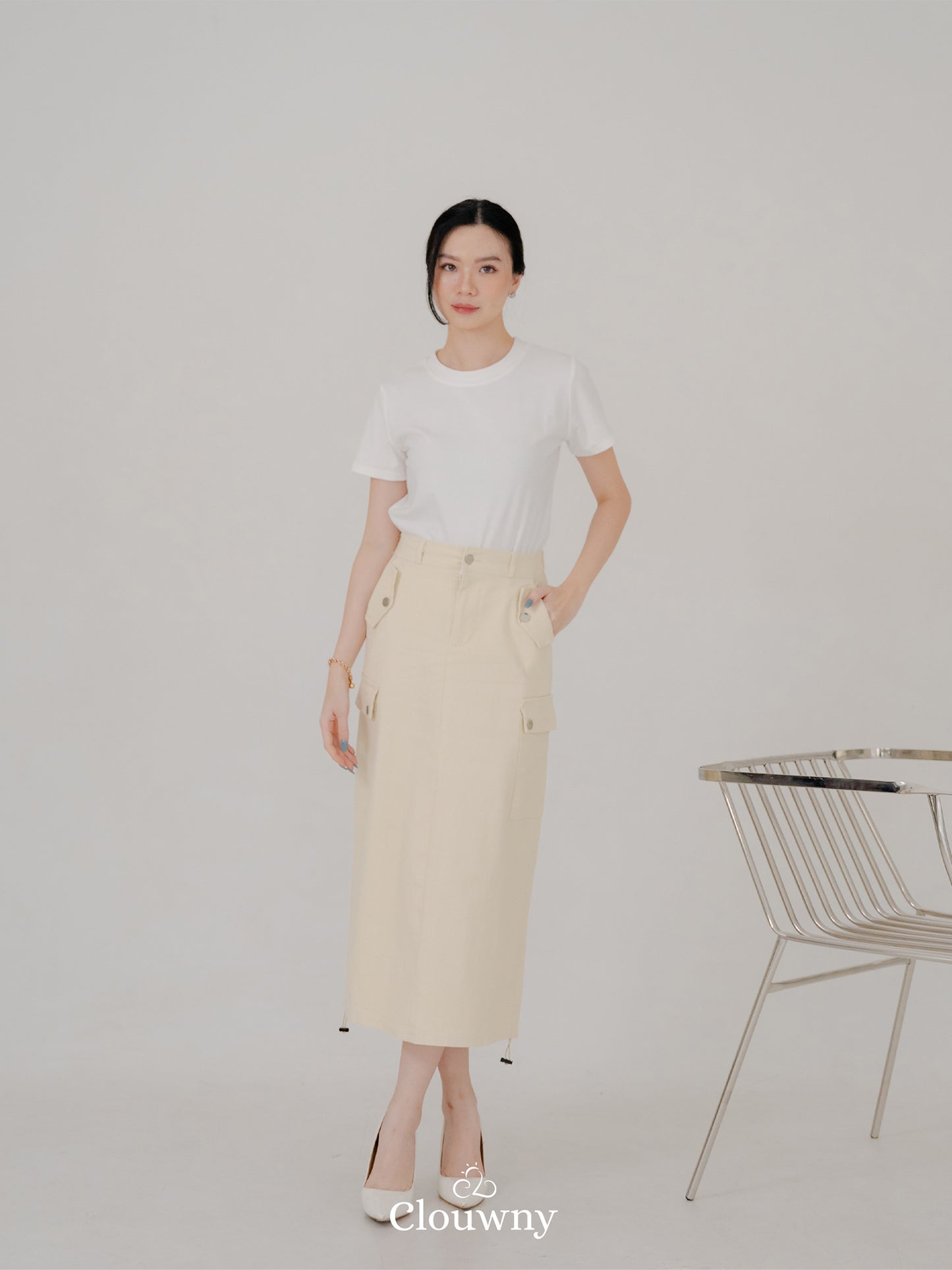 Dex Cargo Denim Skirt - Cream