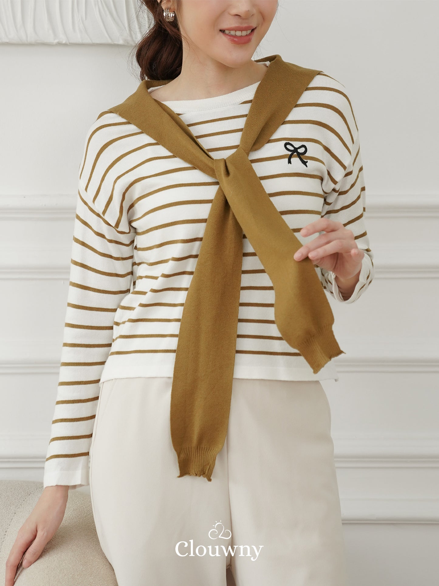 Genevi Scarf Stripes Top - Olive