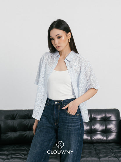Kornelia Flower Embroidery Shirt - Blue