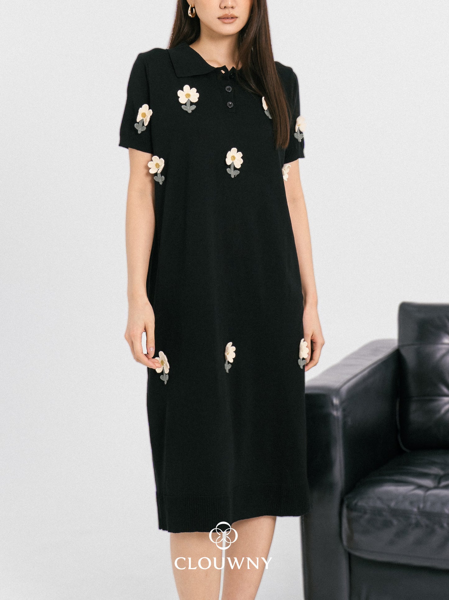 Anetha Flower Knit Dress - Black
