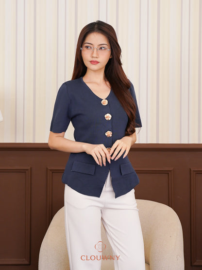 Valencia Peplum Button Top - Blue