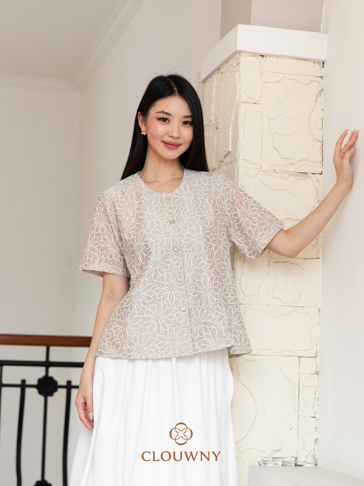Forest Button Embroidery Blouse - Sage Green