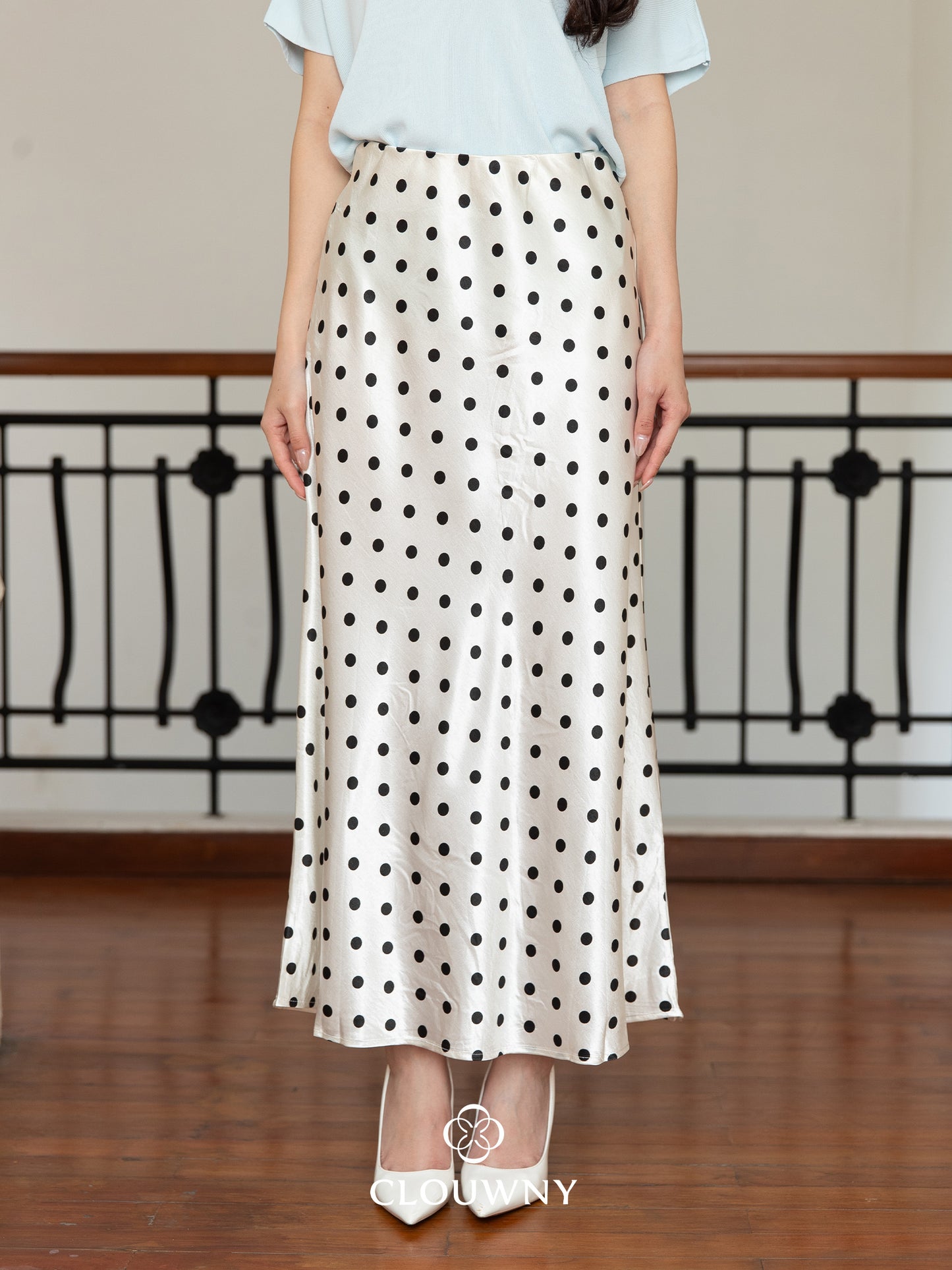 Polka Silk Flare Skirt - White