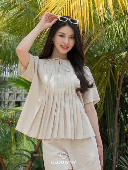Mandes Ribbon Pleated Blouse - Khaki