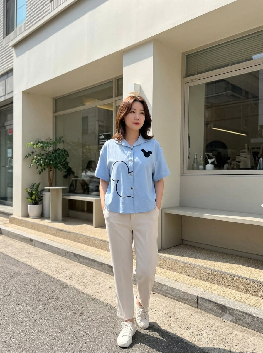 Mouse Button Cotton Shirt - Blue