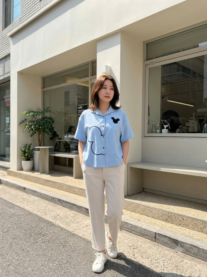 Mouse Button Cotton Shirt - Blue